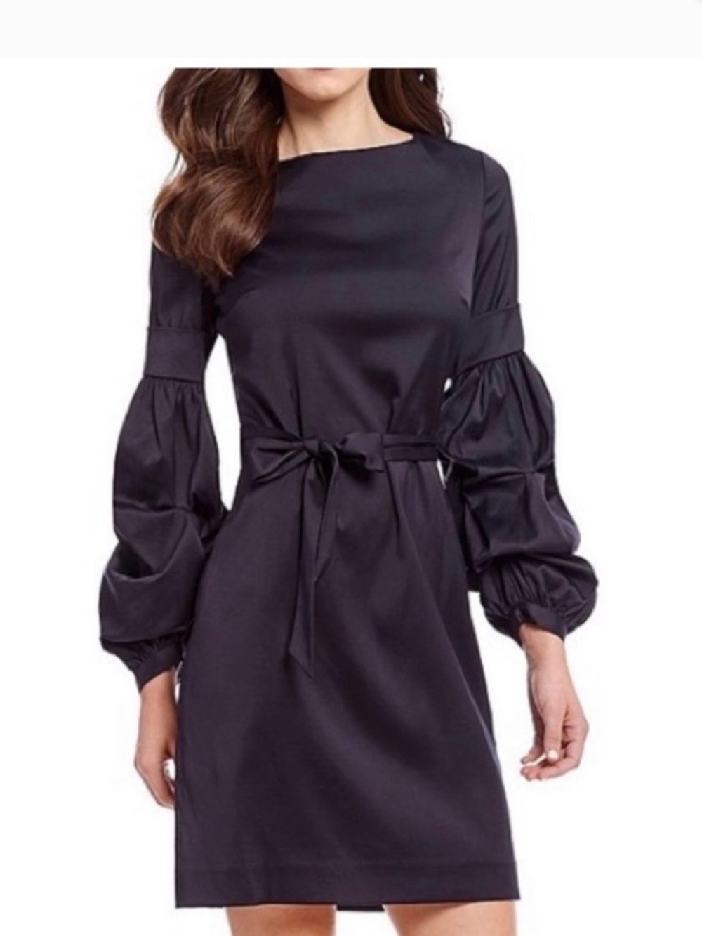 Antonio Melanie Elegant Navy Long-Sleeve Tie-Waist Dress